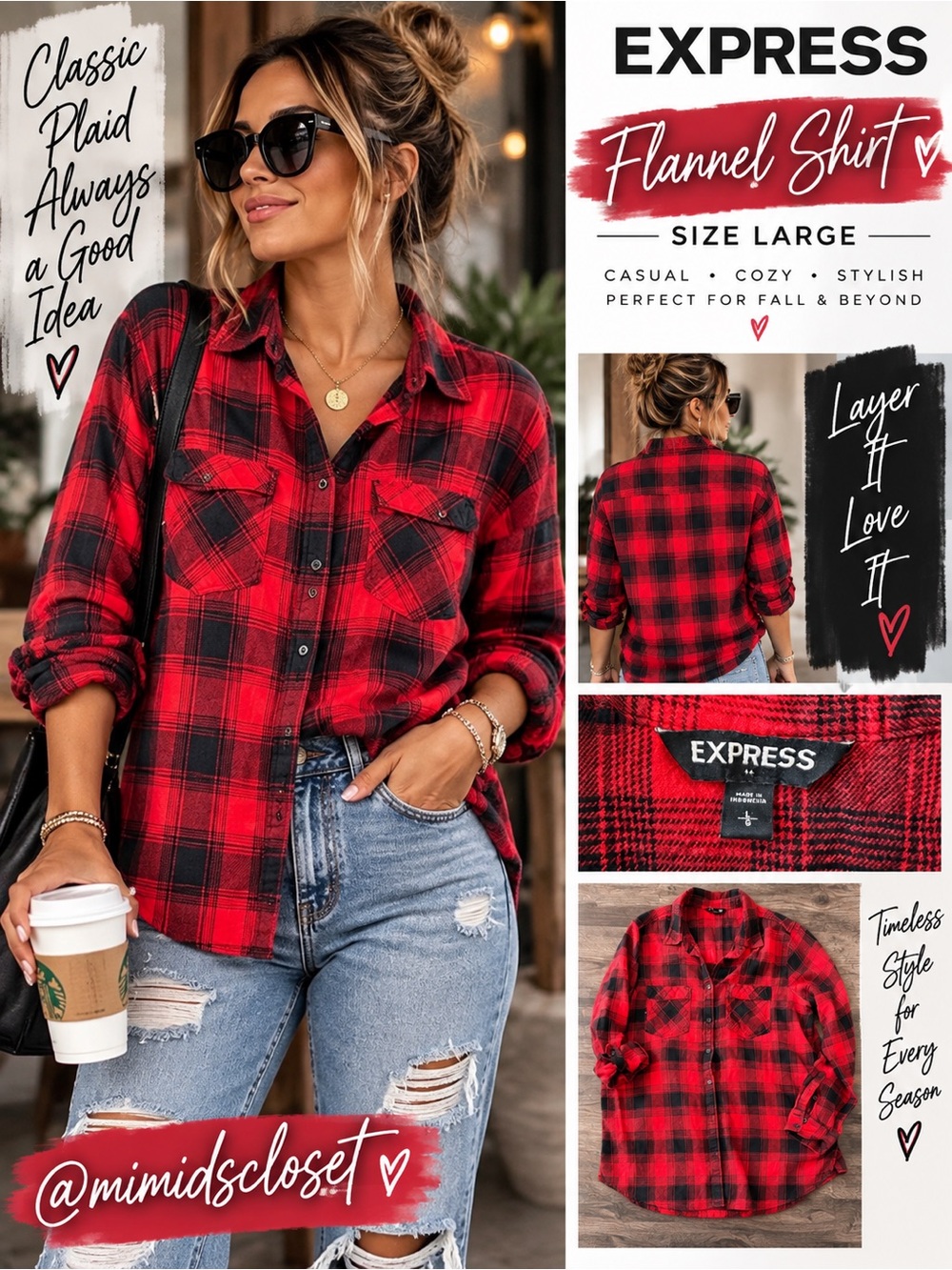 $10 or 🆓 BUY ONE GET ONE FREE 🆓  Express Red & Black Plaid Flannel